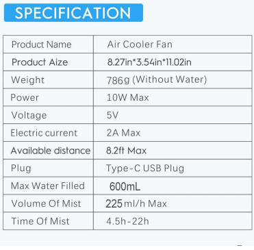 Portable Air Conditioner Fan with 3 Wind Speeds,600ML Personal Cooling Fan,Air Cooler with 7 Colors Light